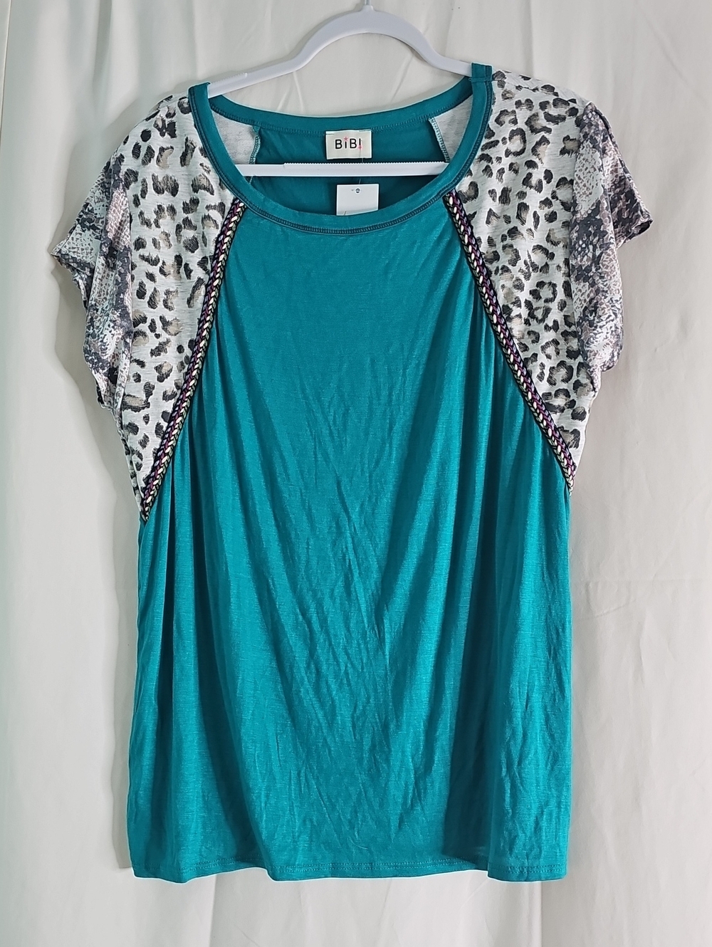 BiBi Teal Short-Sleeve Top with Leopard-Print Sleeves